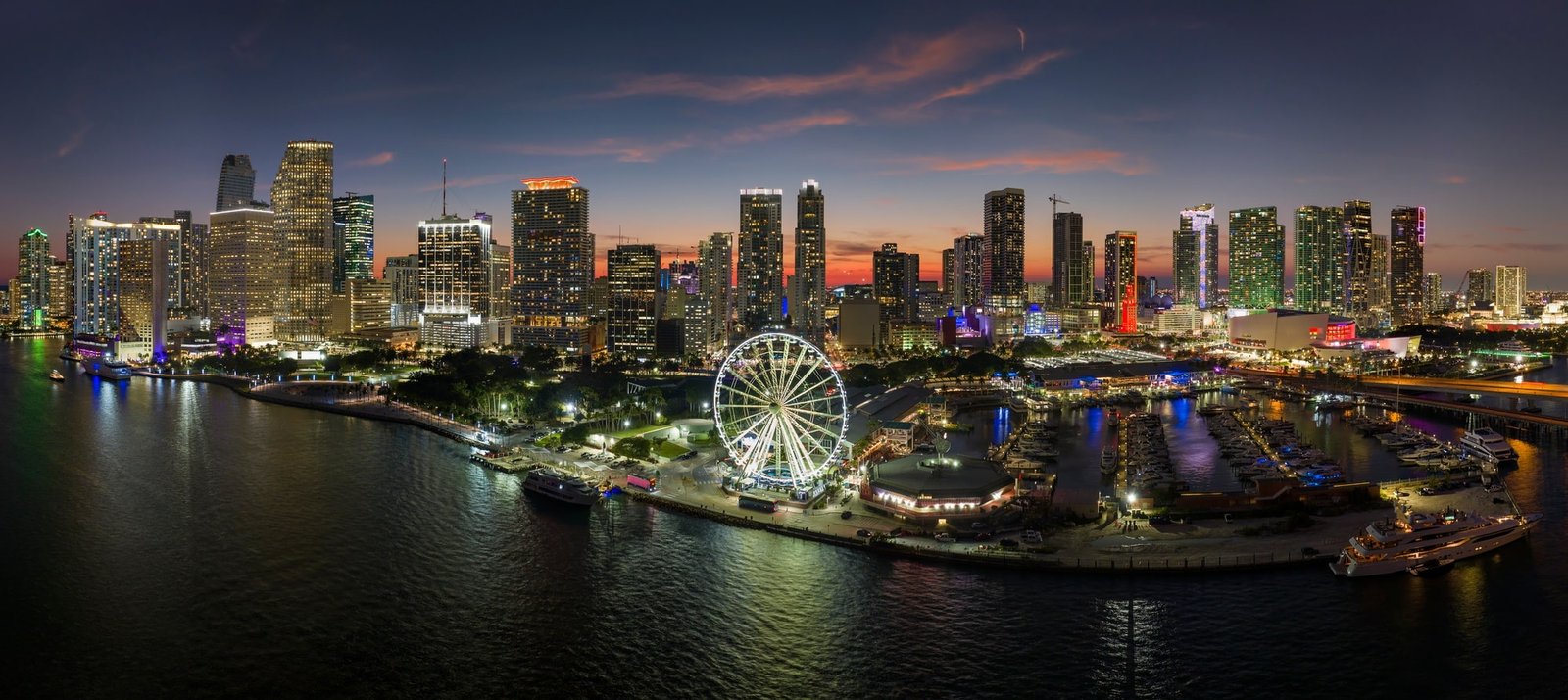 American urban landscape at night. Miami marina